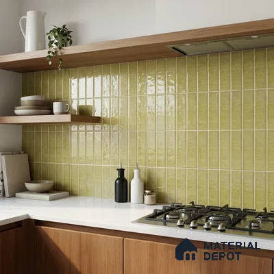 Modern Kitchen with Olive Green Glossy Subway Backsplash and Walnut Cabinets