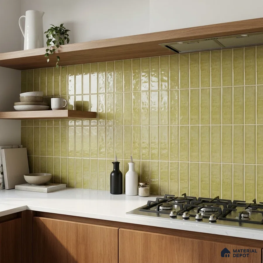 Modern Kitchen with Olive Green Glossy Subway Backsplash and Walnut Cabinets
