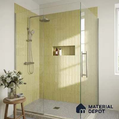 Modern Bathroom with Pale Olive Glossy Subway Shower Tile