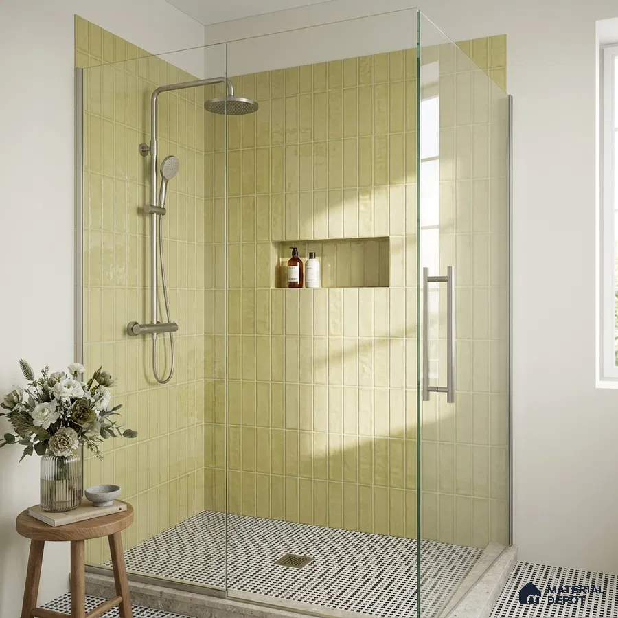 Modern Bathroom with Pale Olive Glossy Subway Shower Tile
