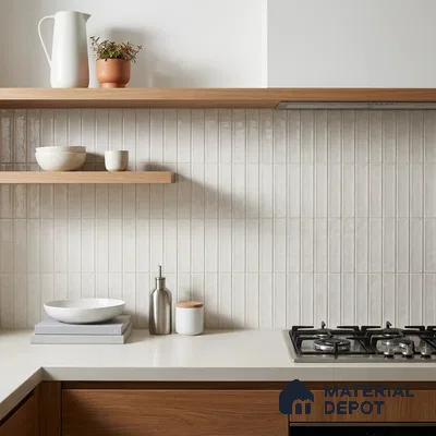 Modern Kitchen with Greige Glossy Subway Backsplash and Walnut Cabinets