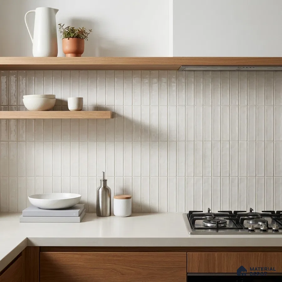 Modern Kitchen with Greige Glossy Subway Backsplash and Walnut Cabinets