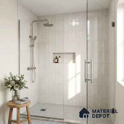 Modern Bathroom with Greige Glossy Subway Shower Tile