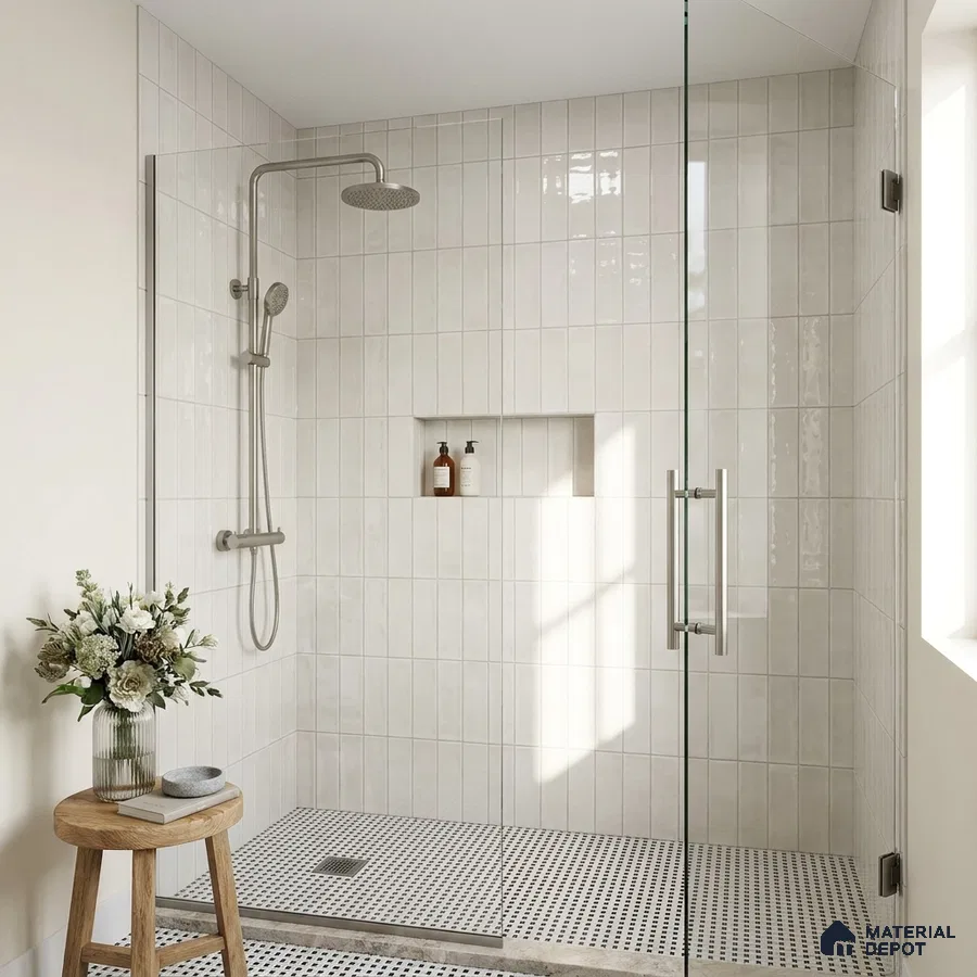 Modern Bathroom with Greige Glossy Subway Shower Tile