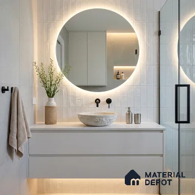 Modern Bathroom with White Glossy Subway Accent Tile and Floating Vanity