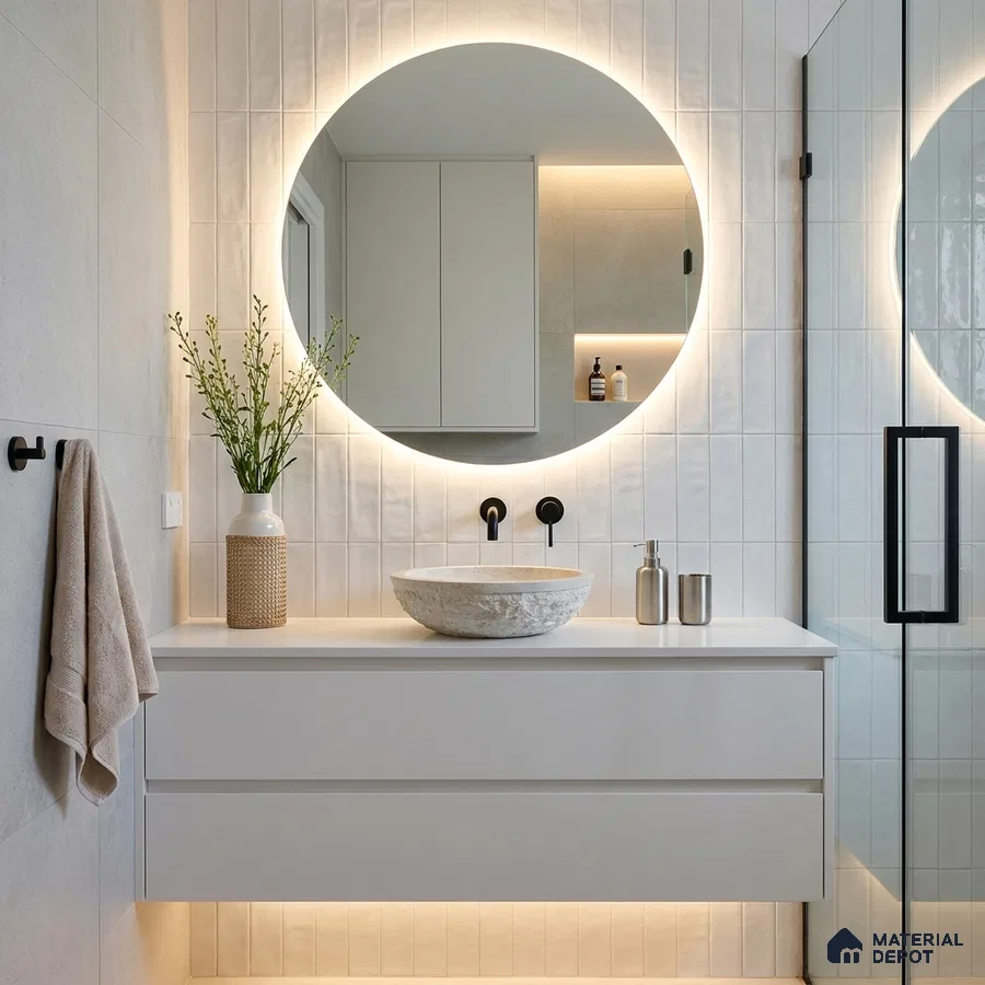 Modern Bathroom with White Glossy Subway Accent Tile and Floating Vanity