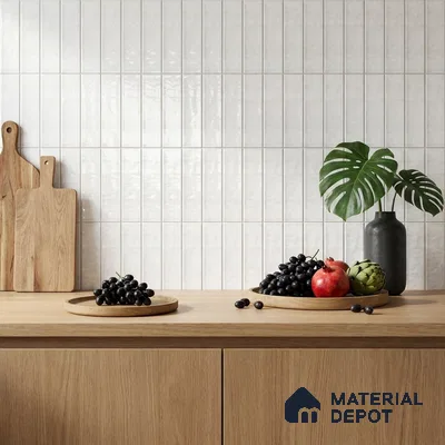 Modern Kitchen with White Glossy Subway Backsplash and Oak Counter