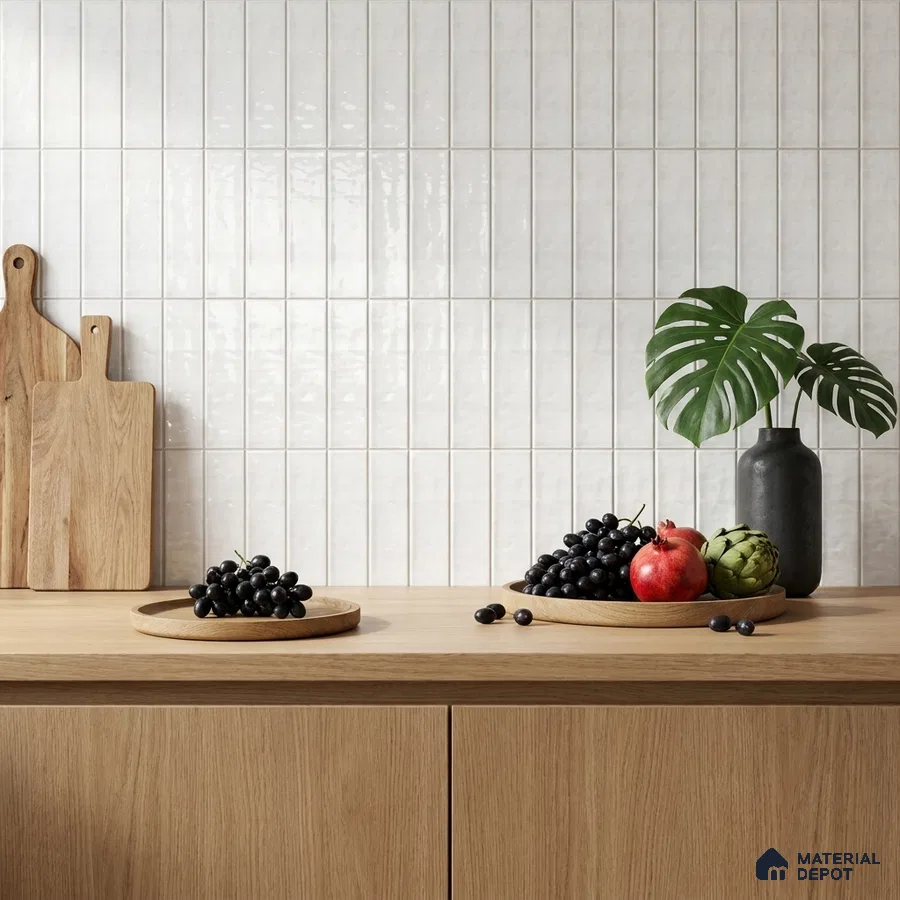 Modern Kitchen with White Glossy Subway Backsplash and Oak Counter
