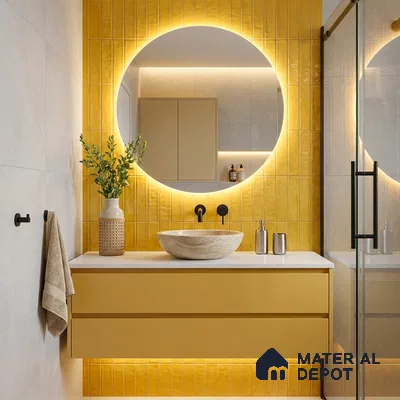 Modern Bathroom with Bright Yellow Subway Accent Tile and Floating Vanity