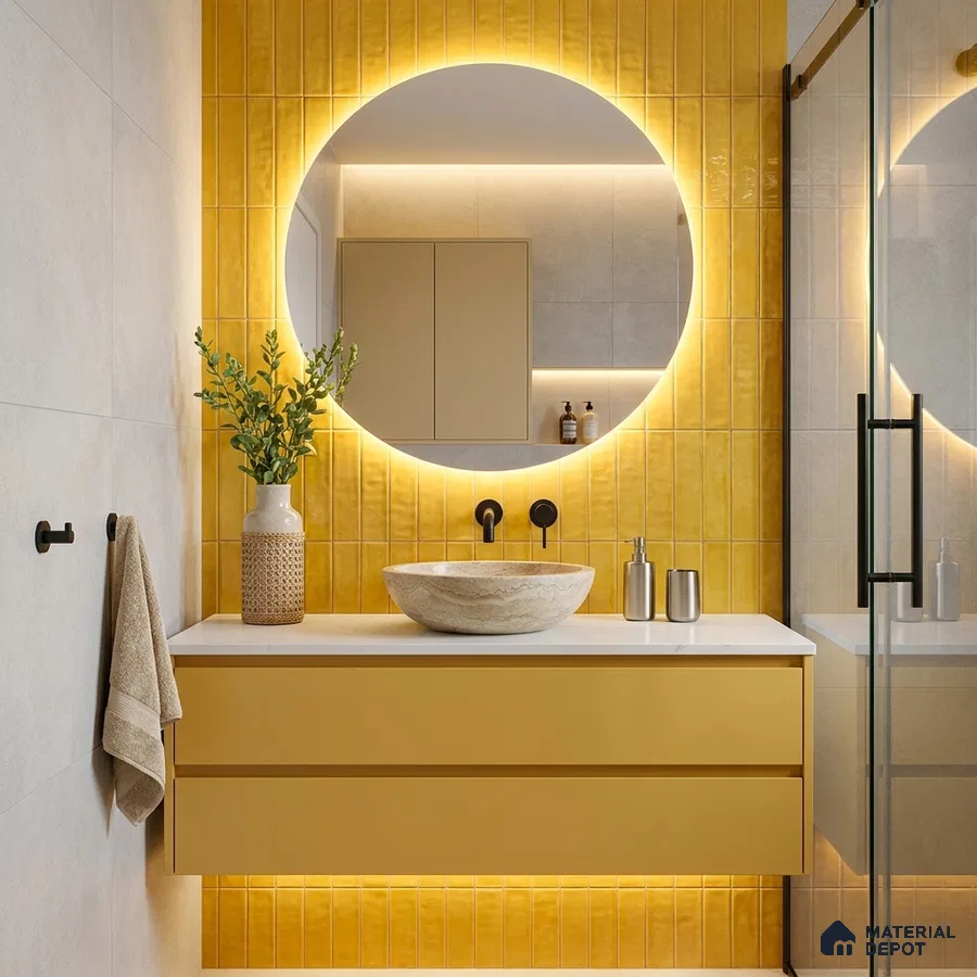 Modern Bathroom with Bright Yellow Subway Accent Tile and Floating Vanity