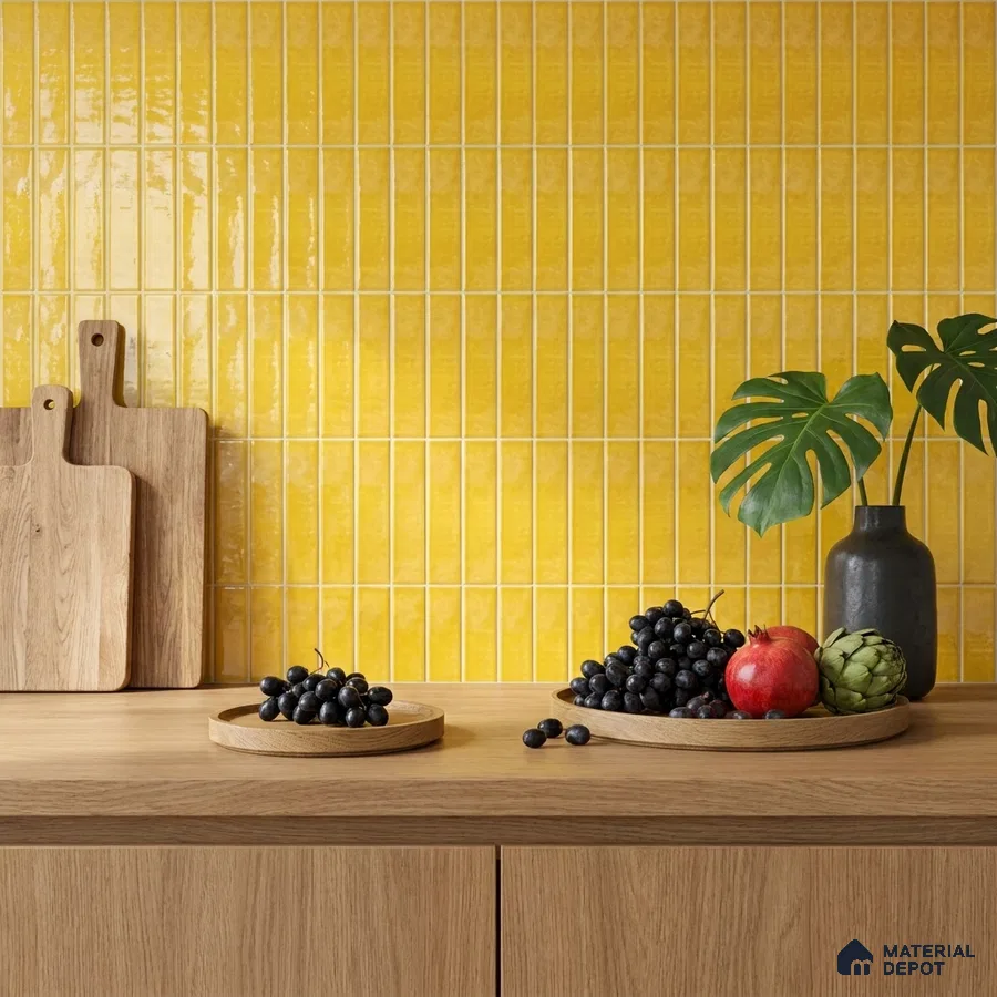 Modern Kitchen with Bright Yellow Glossy Subway Backsplash