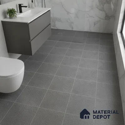 Modern bathroom with grey antiskid floor tiles and white marble wall tiles
