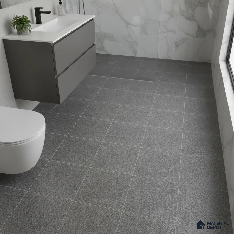 Modern bathroom with grey antiskid floor tiles and white marble wall tiles