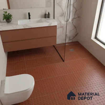 Modern bathroom with terracotta anti-skid floor tiles, marble look wall tiles, and matte brown vanity