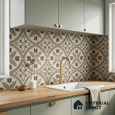 Scandinavian kitchen with sage green laminate cabinets, patterned moroccan backsplash tile, and light wood countertop