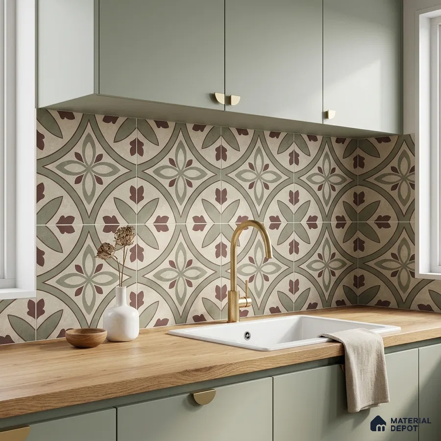 Scandinavian kitchen with sage green laminate cabinets, patterned moroccan backsplash tile, and light wood countertop