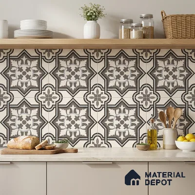 Modern kitchen with black and white moroccan patterned backsplash tile and light beige laminate cabinets