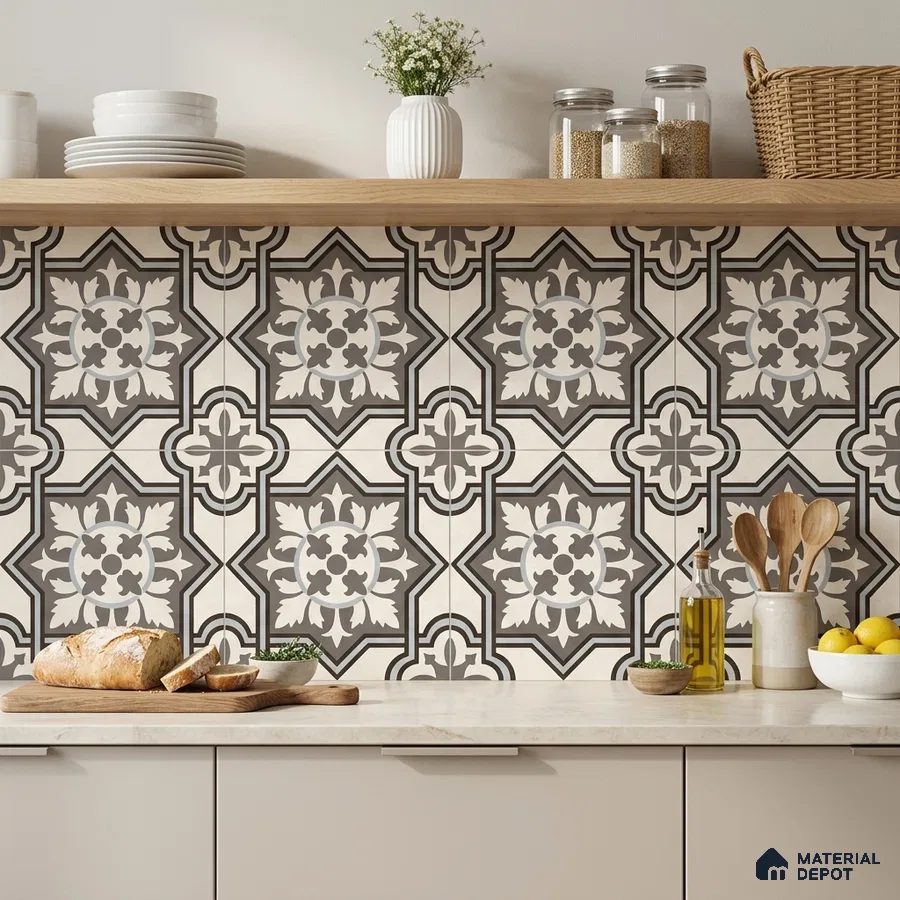 Modern kitchen with black and white moroccan patterned backsplash tile and light beige laminate cabinets