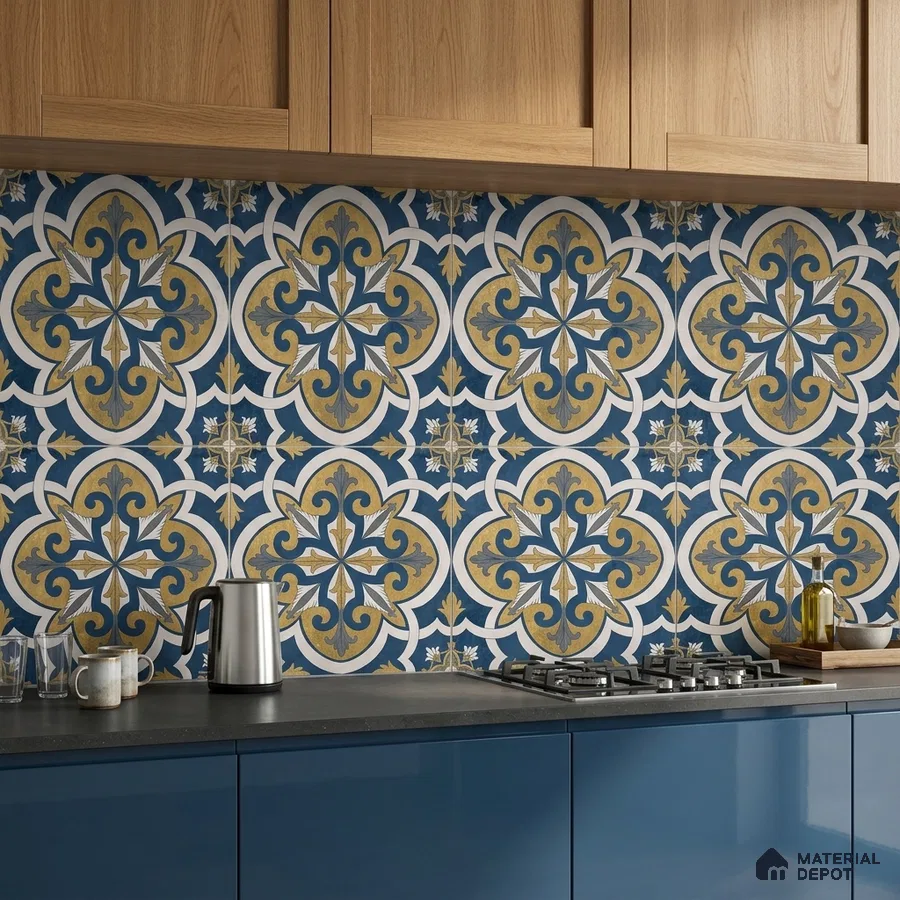 Mediterranean kitchen with blue and gold moroccan backsplash tile and blue laminate cabinets