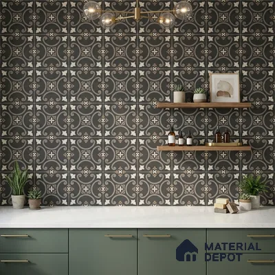Modern kitchen with sage green laminate cabinets, white quartz countertop, and black patterned moroccan wall tiles