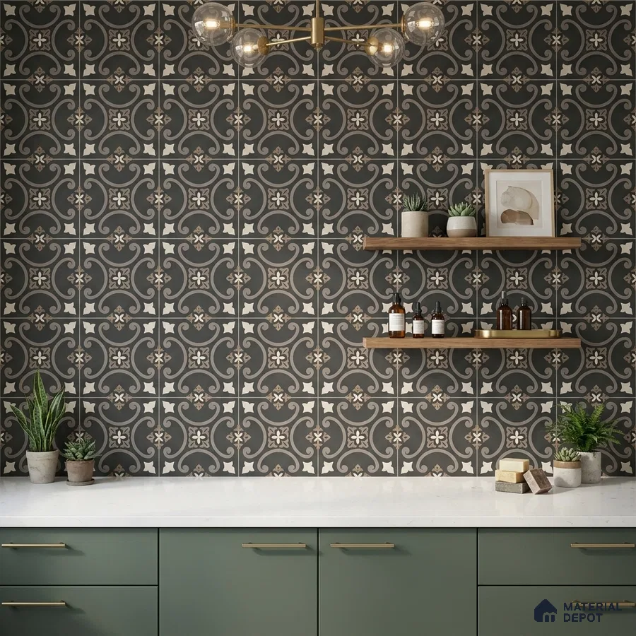 Modern kitchen with sage green laminate cabinets, white quartz countertop, and black patterned moroccan wall tiles