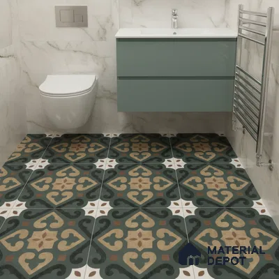 Modern bathroom with marble wall tiles, sage green vanity, and geometric patterned floor tiles