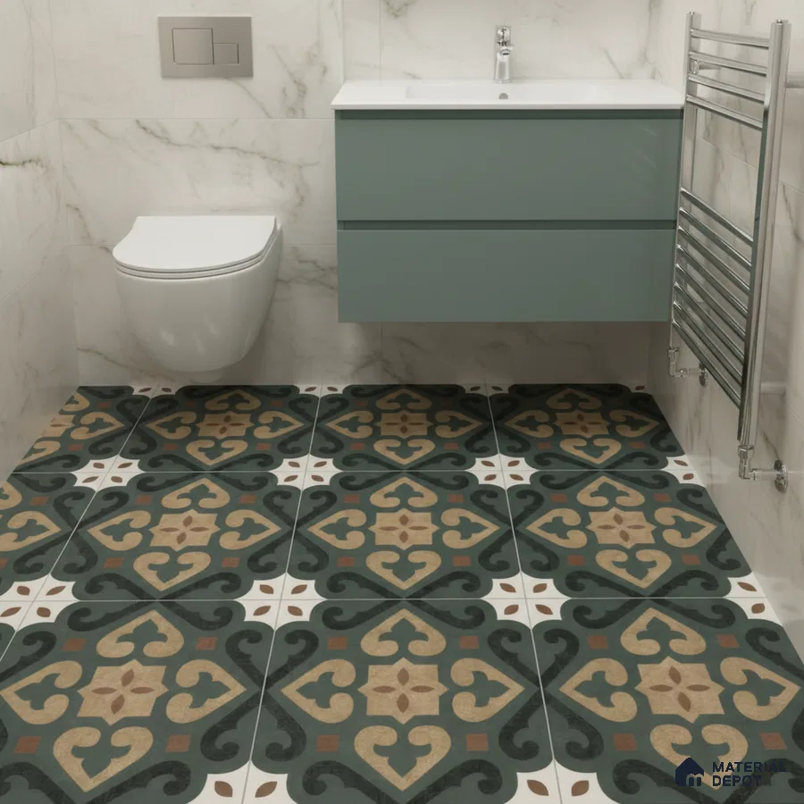 Modern bathroom with marble wall tiles, sage green vanity, and geometric patterned floor tiles