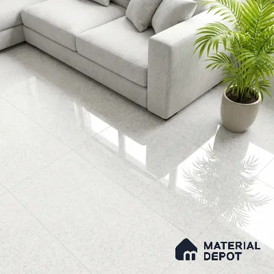 Minimalist living room with light grey fabric sofa and polished white granite floor tiles