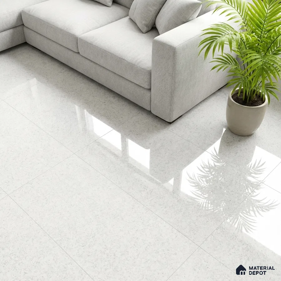 Minimalist living room with light grey fabric sofa and polished white granite floor tiles