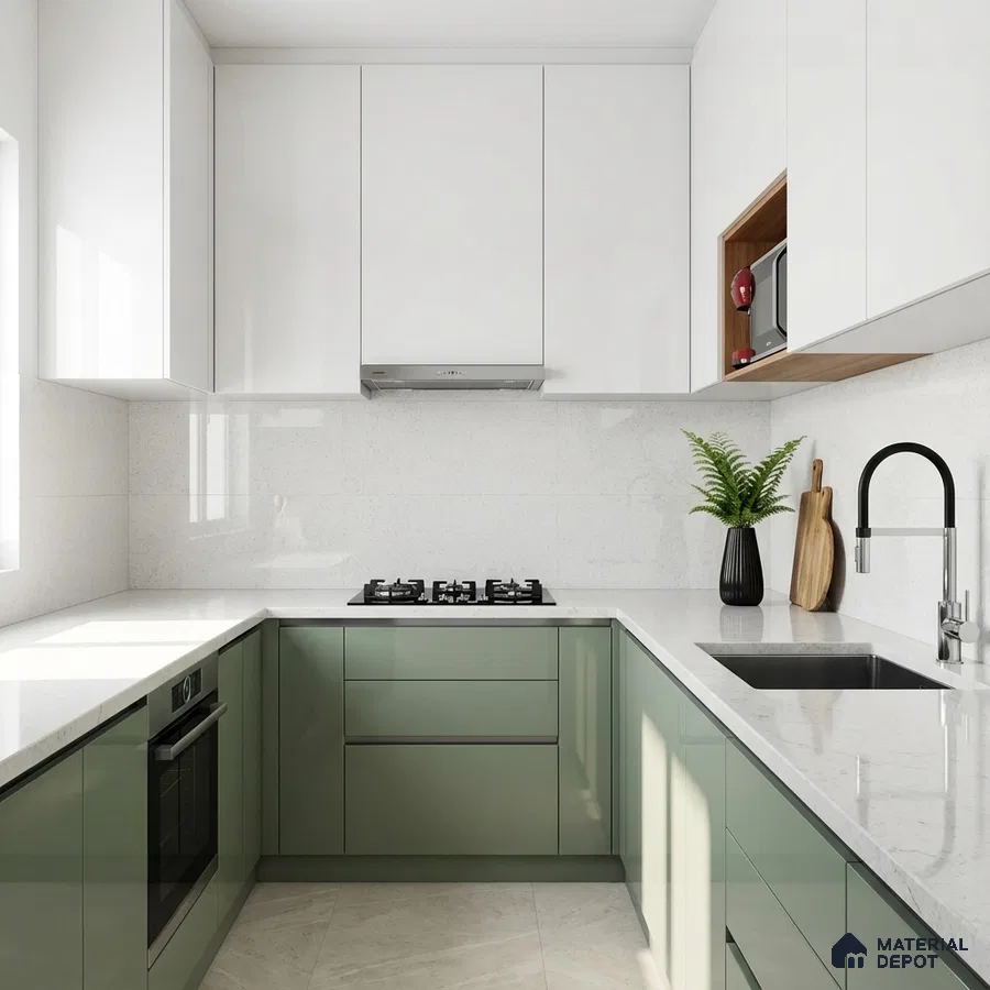 Modern dual tone kitchen with sage green and frosty white laminate, white quartz countertop, and light beige floor tile