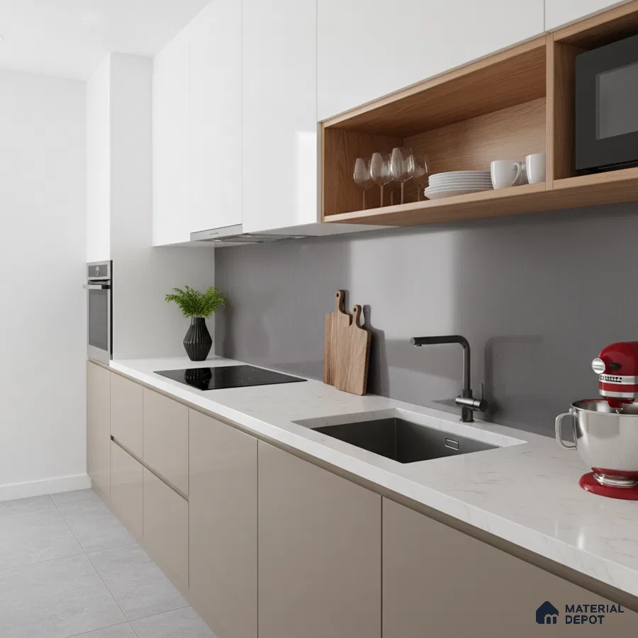 Modern kitchen with beige and white laminate cabinets, white marble-look quartz countertop, and grey backsplash