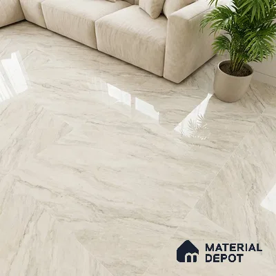 Modern living room with beige marble-look glossy floor tiles and neutral fabric sofa