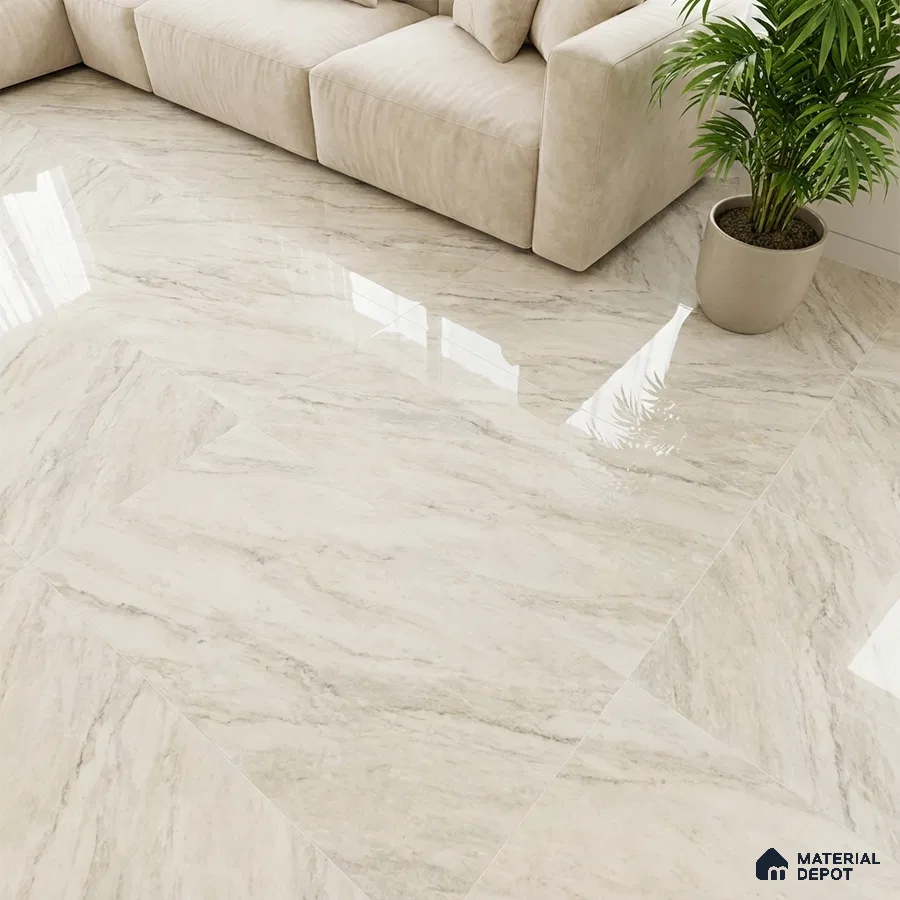 Modern living room with beige marble-look glossy floor tiles and neutral fabric sofa