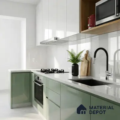 Modern kitchen with sage green and frosty white high gloss laminate, white quartz countertop, and white backsplash