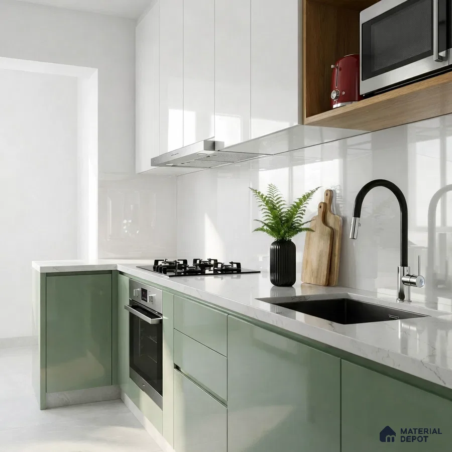 Modern kitchen with sage green and frosty white high gloss laminate, white quartz countertop, and white backsplash