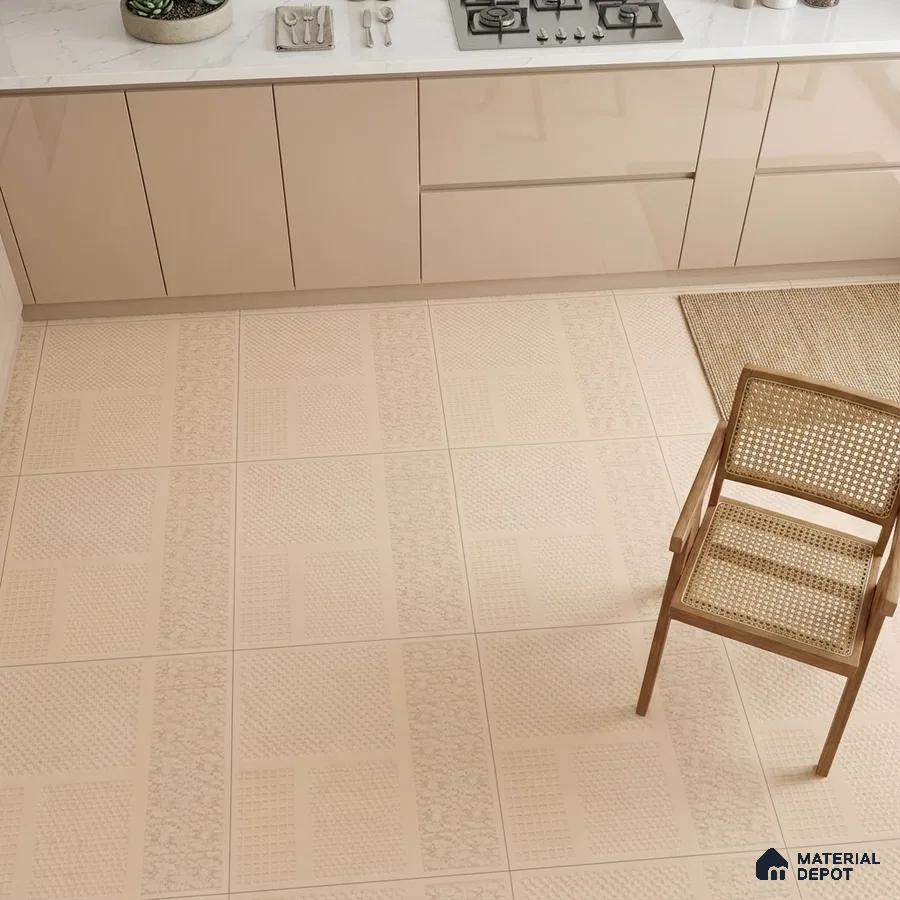 Minimalist kitchen with beige high gloss laminate cabinets and patterned beige floor tiles