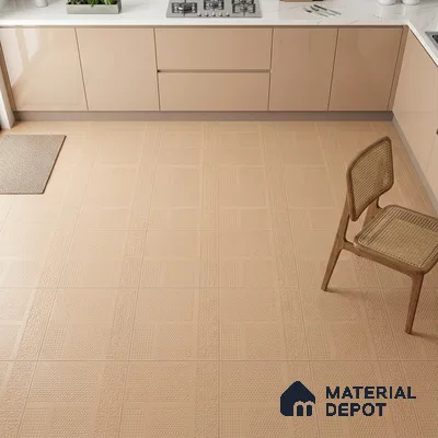 Modern kitchen with beige high gloss laminate cabinets and textured beige patterned floor tiles