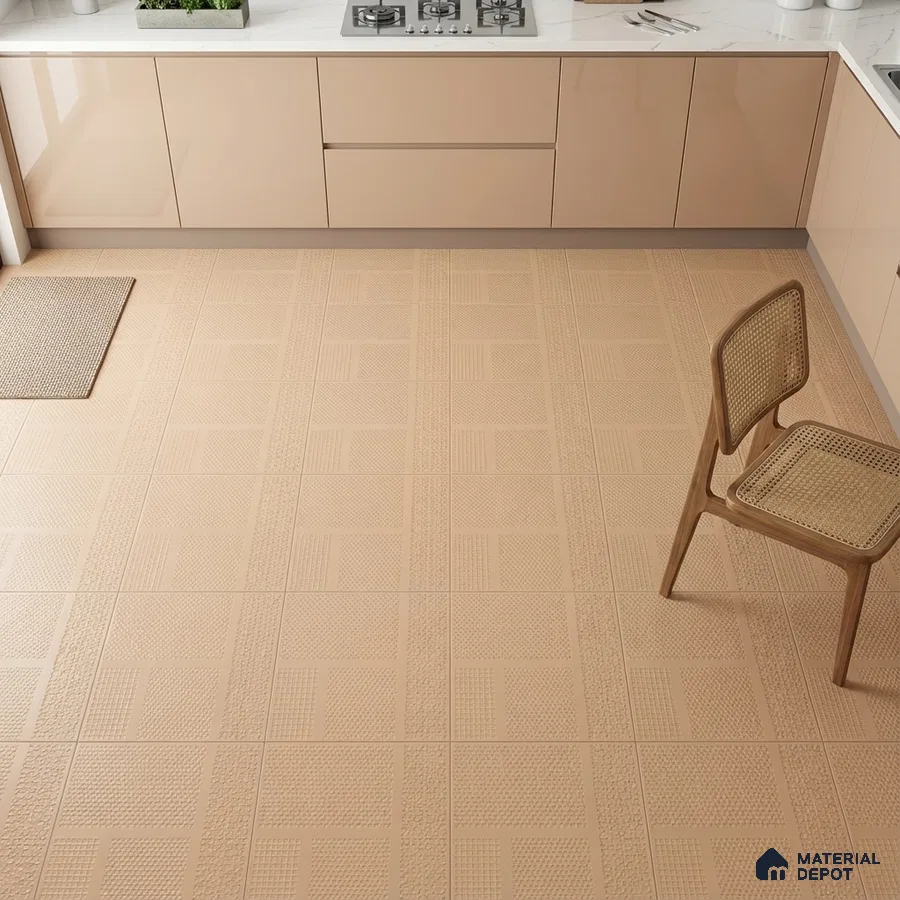 Modern kitchen with beige high gloss laminate cabinets and textured beige patterned floor tiles