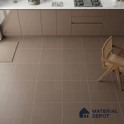 Modern kitchen with taupe high gloss laminate cabinets and textured taupe floor tiles