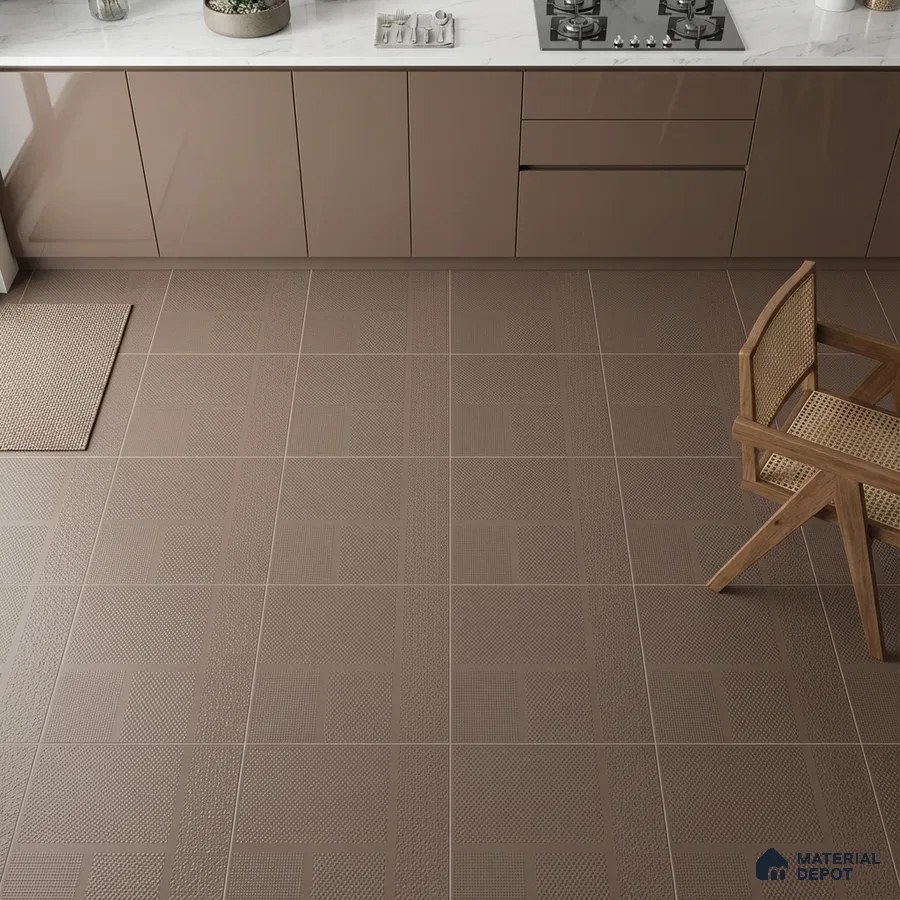 Modern kitchen with taupe high gloss laminate cabinets and textured taupe floor tiles