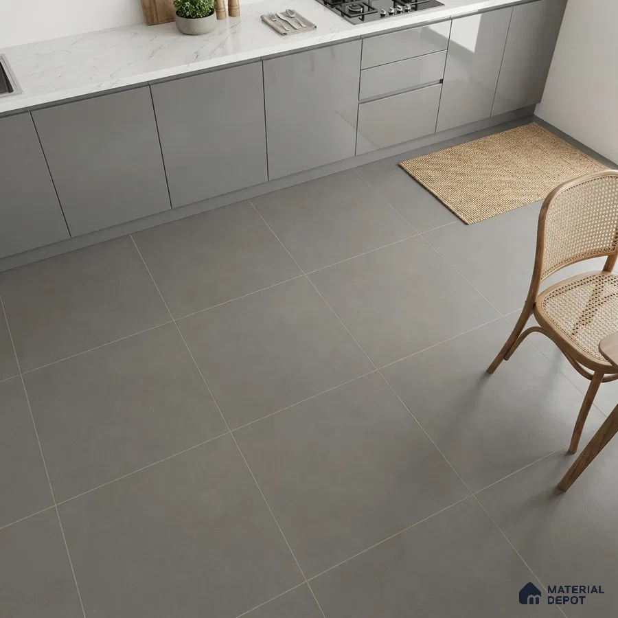 Modern kitchen with grey high gloss laminate cabinets, white marble-look quartz countertop, and large format grey floor tiles