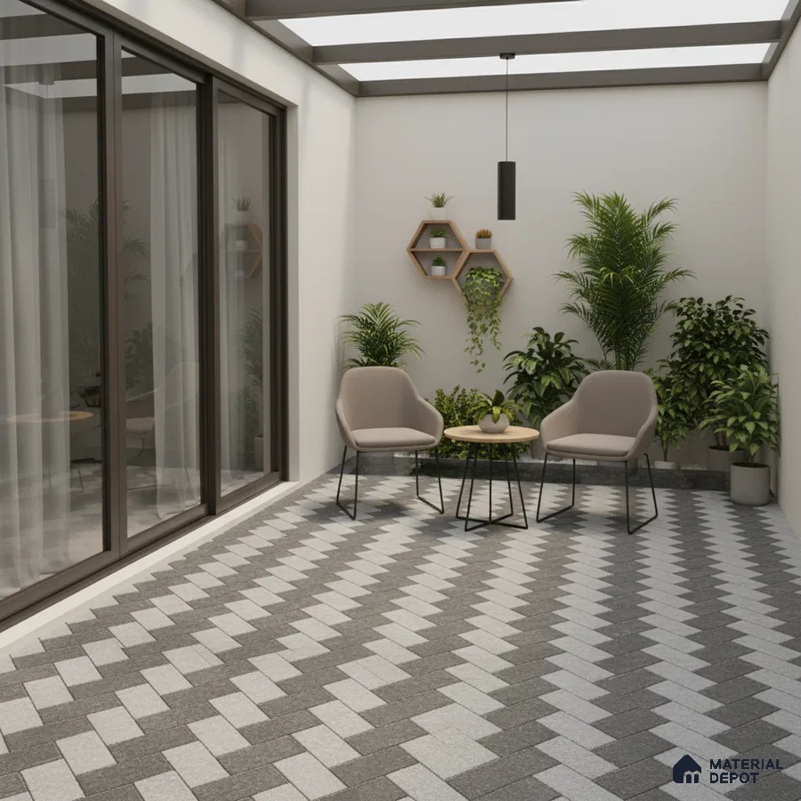 Modern outdoor seating with grey and white chevron floor tiles and minimal planters