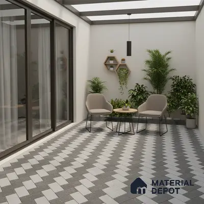 Modern outdoor seating with grey and white chevron floor tiles and minimal planters