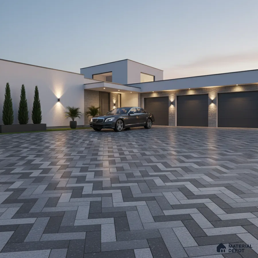 Modern parking with grey herringbone outdoor tiles and stone cladding accent walls
