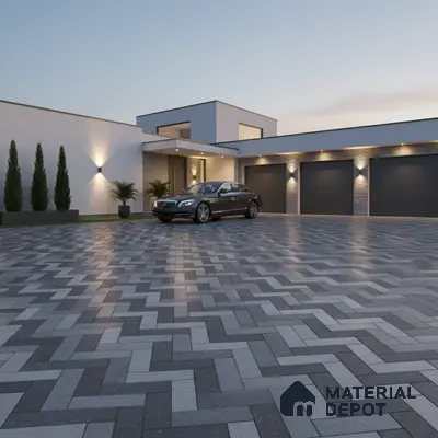 Modern parking with grey herringbone outdoor tiles and stone cladding accent walls