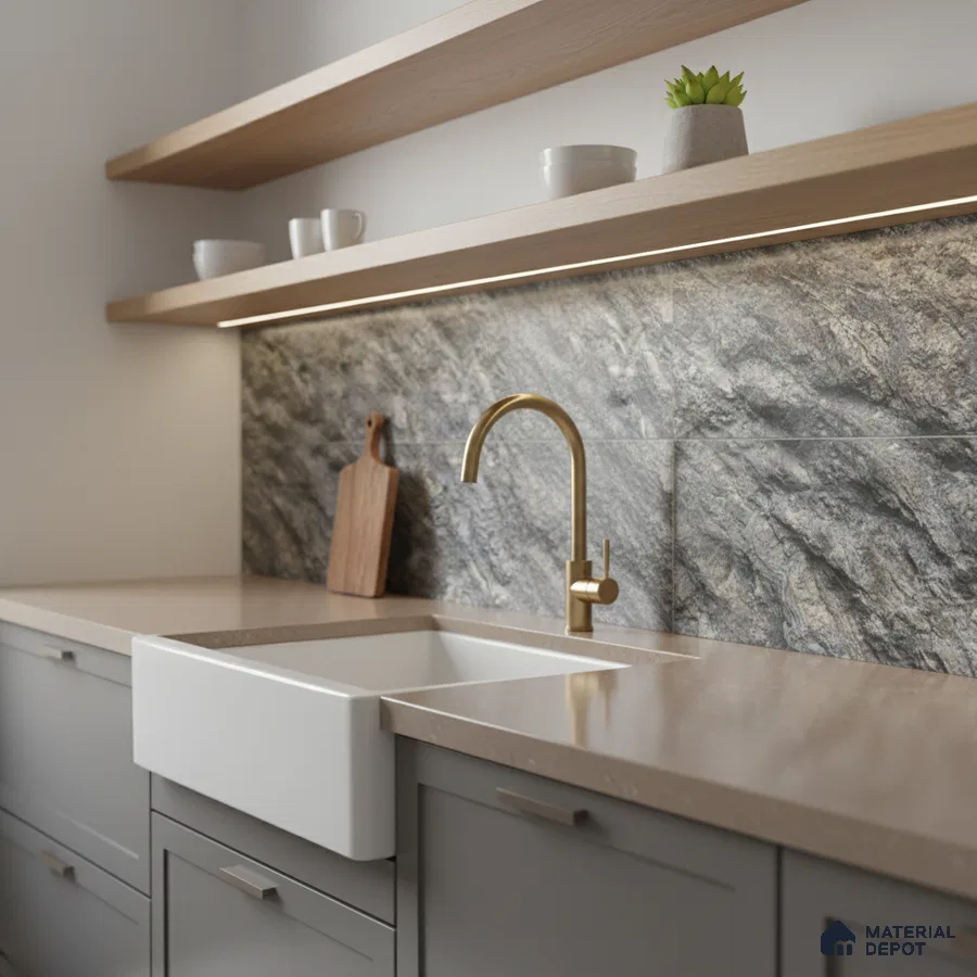 Modern kitchen with taupe quartz countertop, grey stone backsplash tile, and light oak open shelves