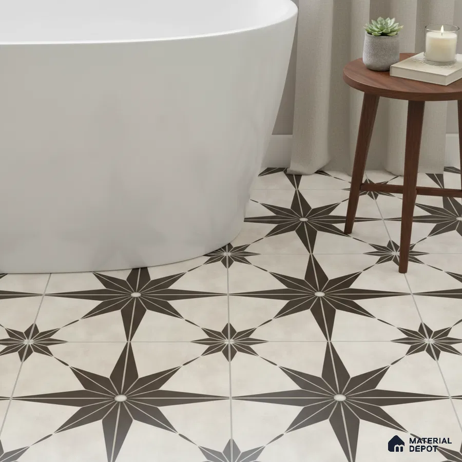 Modern bathroom with black star geometric patterned floor tiles