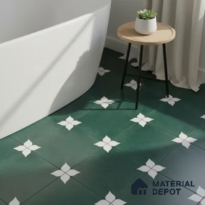 Modern bathroom with green floral patterned floor tiles and freestanding tub