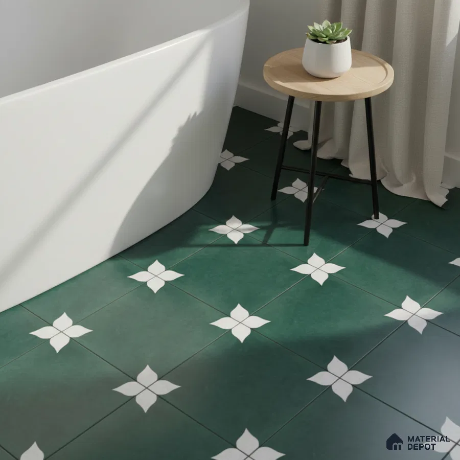 Modern bathroom with green floral patterned floor tiles and freestanding tub