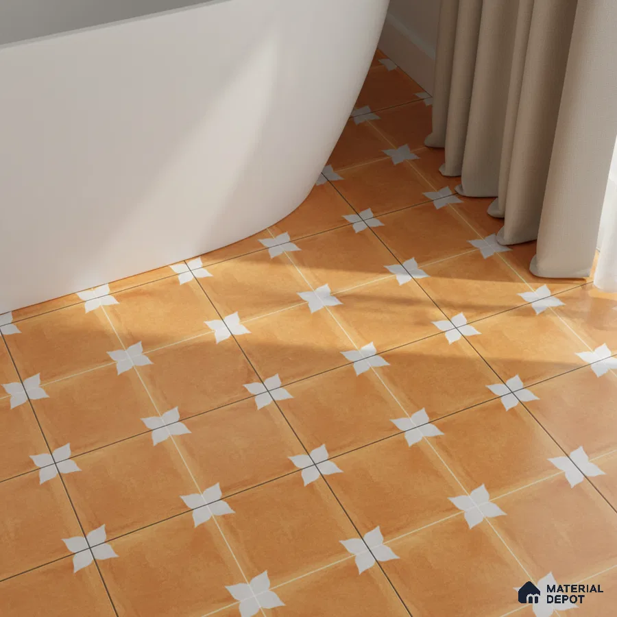 Modern bathroom with terracotta floral patterned floor tiles